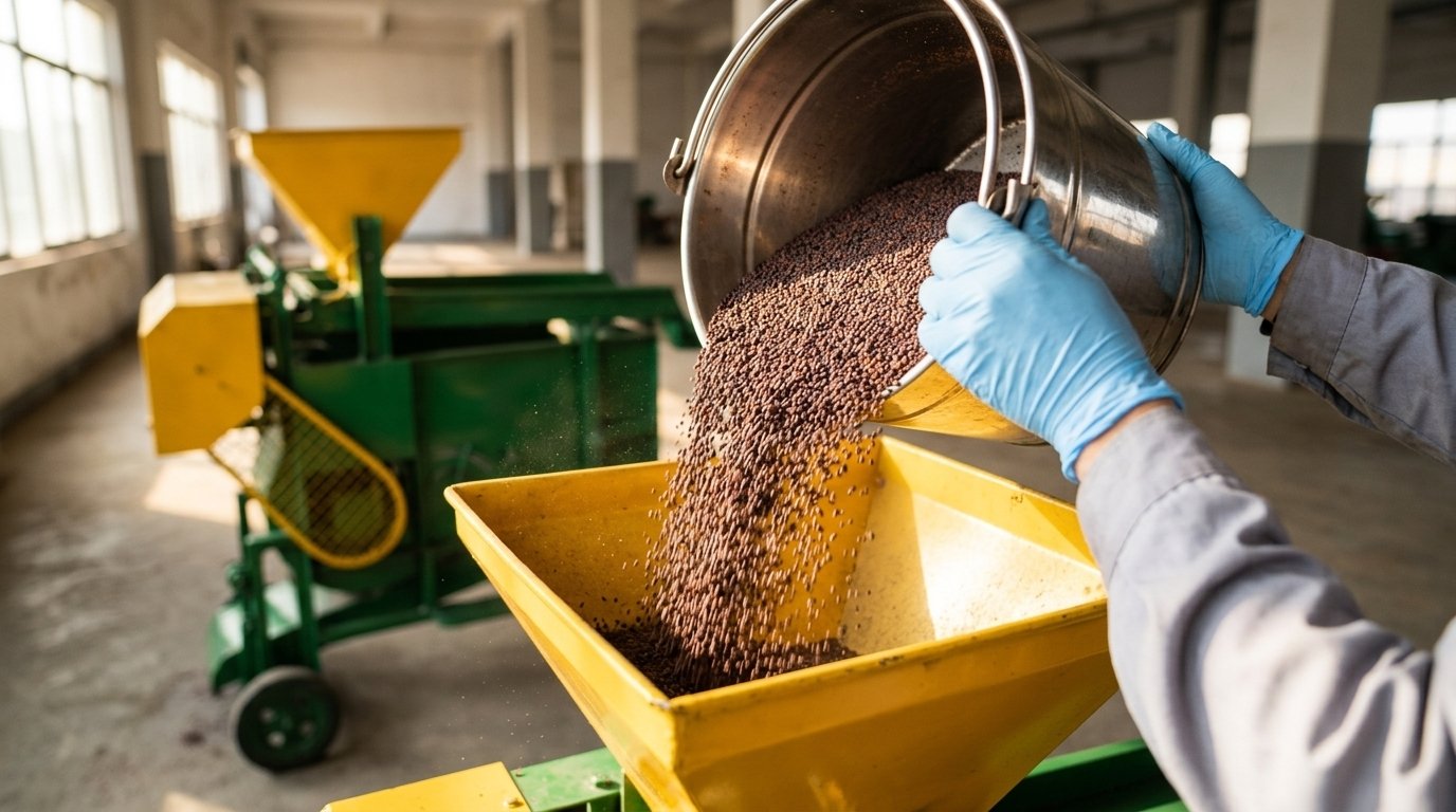 Gloved hands inspecting and pouring clean golden-brown mustard seeds for Brassica Oil