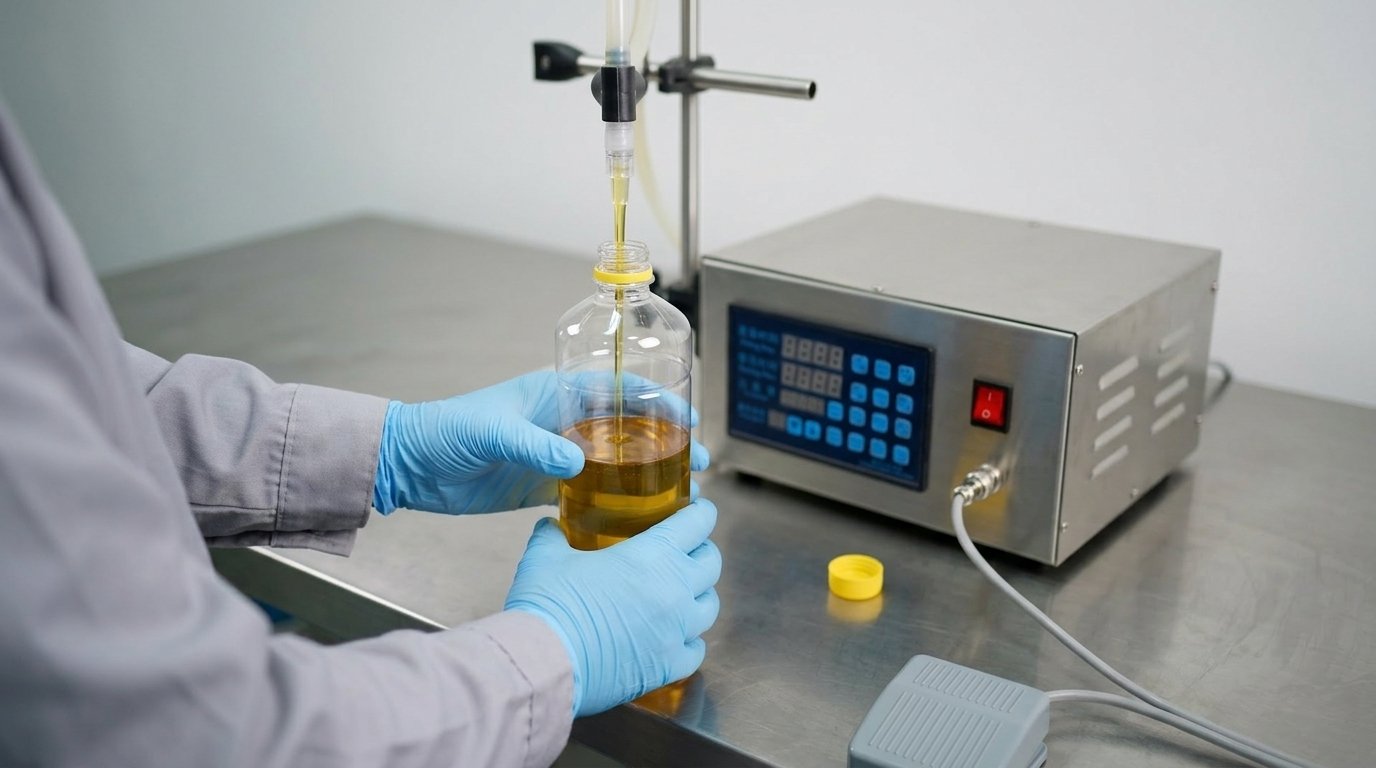 Worker bottling freshly settled golden unrefined mustard oil into food-grade containers