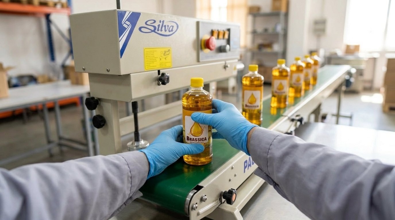 Worker placing freshly sealed bottles on conveyor line for packaging and express courier delivery