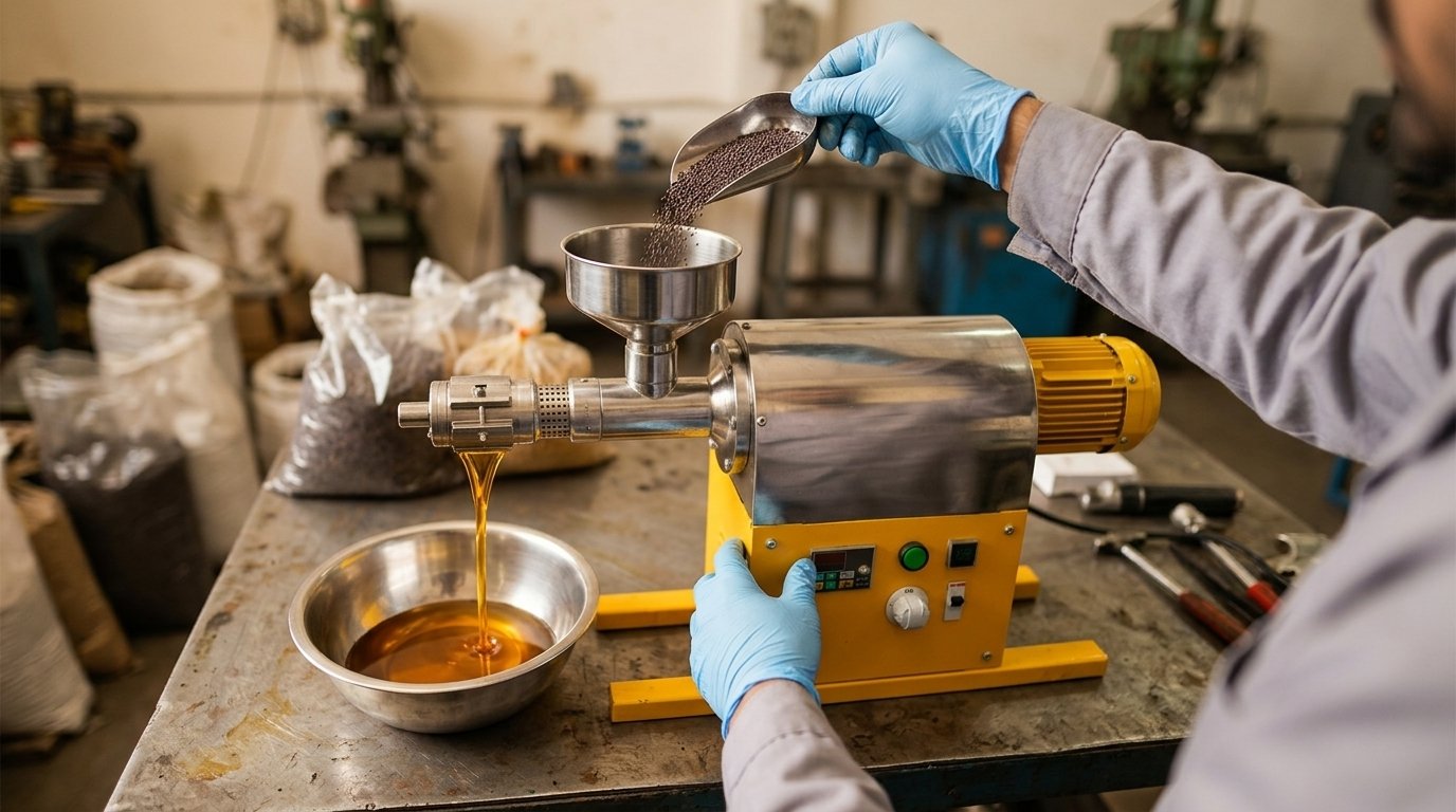 Hygienic worker pouring cleaned mustard seeds into stainless-steel cold press machine hopper